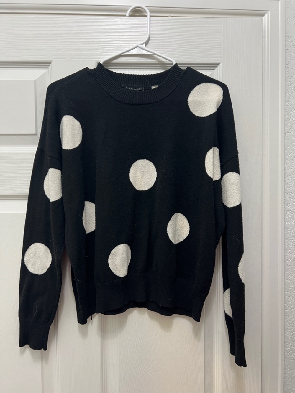 T Tahari Black Crewneck Sweater with White Polka Dots